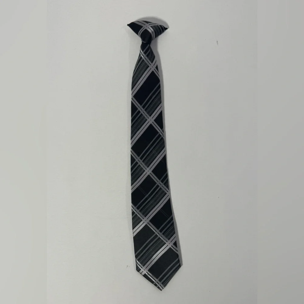 Boys Striped Clip On Tie Necktie Black Gray Plaid 17” Long